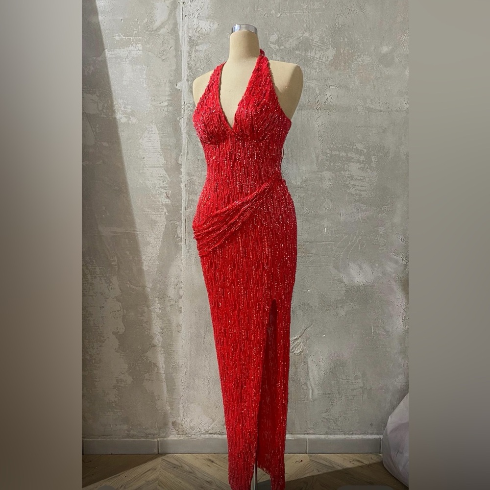 Special Made - Elegant Red Halter Evening Gown